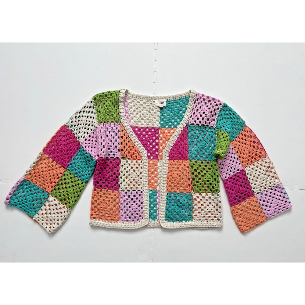 BIBI Crochet Cardigan Granny Square Boho Colorful Retro Festival Sweater- Size S